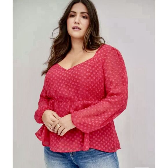 Torrid 3 Womens Plus Size 3X Pink Hearts Chiffon Peplum Babydoll‎ Top LS Love - Picture 1 of 11